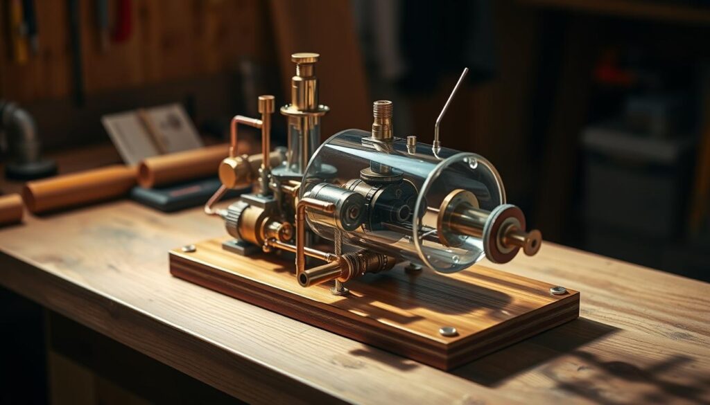 A detailed, annotated prototype of a beginner-level steam engine, placed on a well-lit wooden workbench. The engine features a compact, intricate mechanism with brass fittings, copper tubing, and a clear glass boiler, allowing viewers to see the inner workings. Soft, directional lighting casts warm shadows, highlighting the engine's intricate components. The image is captured from a slightly elevated angle, providing an optimal view of the design's technical details. The overall mood is one of technical curiosity and hands-on exploration, inviting the viewer to closely examine this functional steam engine prototype.