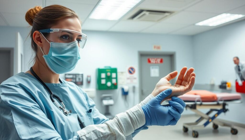 A clinical emergency room with bright, sterile lighting. In the foreground, a nurse in full PPE - goggles, face mask, gloves, and gown - tending to a patient's burn injury. The patient's arm is wrapped in sterile bandages. Behind them, a wall-mounted first aid kit and a clearly marked evacuation route sign. In the background, a stretcher and emergency medical equipment stand ready. The atmosphere is one of calm professionalism, conveying the importance of proper emergency procedures and safety protocols. A clinical emergency room with bright, sterile lighting. In the foreground, a nurse in full PPE - goggles, face mask, gloves, and gown - tending to a patient's burn injury. The patient's arm is wrapped in sterile bandages. Behind them, a wall-mounted first aid kit and a clearly marked evacuation route sign. In the background, a stretcher and emergency medical equipment stand ready. The atmosphere is one of calm professionalism, conveying the importance of proper emergency procedures and safety protocols.