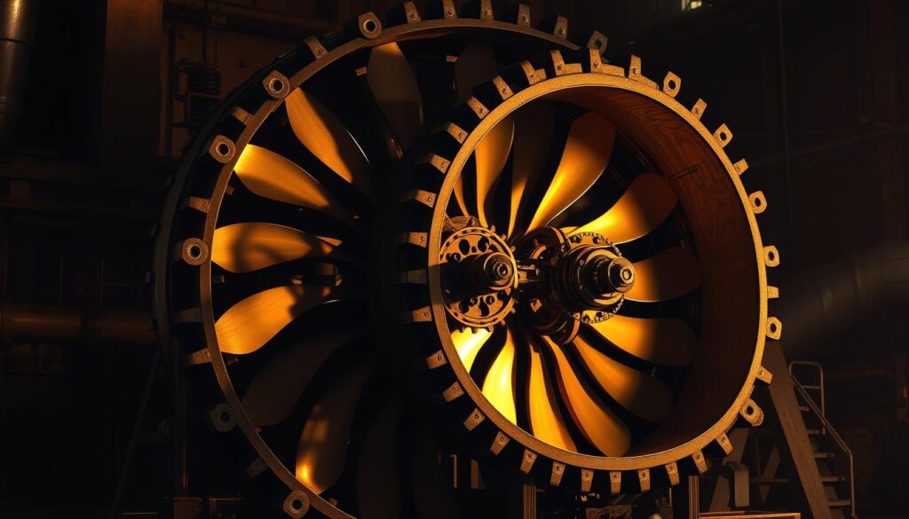 A detailed cross-section of a turbine wheel in construction, showcasing the intricate assembly of its spoon-shaped buckets, central axle, and supporting frame. The scene is illuminated by warm, directional lighting that casts dramatic shadows, highlighting the engineering precision. The wheel is rendered with a high level of technical accuracy, revealing the mechanical workings and the craftsmanship involved in its creation. The overall mood is one of industrial elegance and technical mastery, suitable for illustrating the "Build the Wheel" section of the article on a steam-powered Pelton wheel.