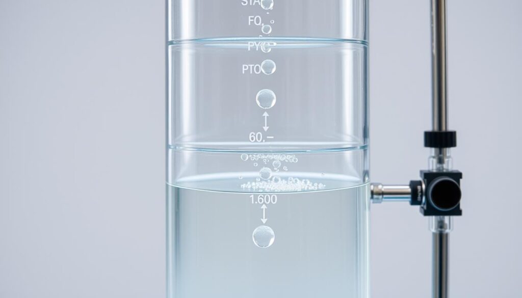 A well-lit, close-up view of a transparent glass condensation loop apparatus, showcasing the dynamic phase change process in action. The boiler section at the bottom gradually heats the liquid, causing it to evaporate into a rising vapor stream. As the vapor travels upward, it encounters a cooled condenser region, where it condenses back into droplets that trickle down the glass walls, completing the continuous cycle. Precise temperature, pressure, and flow rate sensors are integrated into the setup, capturing real-time data for student analysis and exploration.