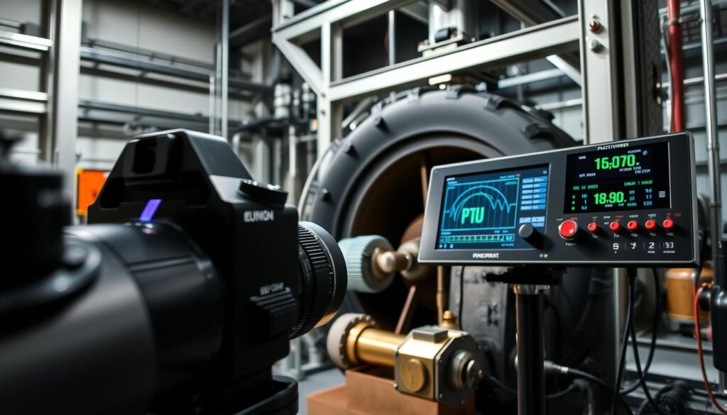 An industrial data collection setup capturing the performance of a Pelton wheel steam turbine. In the foreground, a high-resolution camera with a macro lens meticulously records the rotation speed and fluid dynamics of the turbine. In the middle ground, an array of sensors measure flow rate, pressure, and temperature, their digital readouts displayed on a sleek monitoring station. The background features a sturdy, metal-framed structure supporting the turbine, with clean, industrial lighting casting dramatic shadows and highlights across the scene. The overall atmosphere conveys a sense of precise, technical data acquisition for a steam-powered renewable energy application.