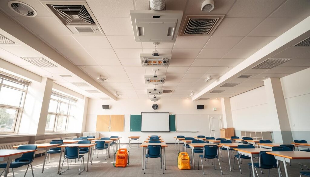 Classroom ventilation safety setup: a well-lit, modern school room with large windows, high ceilings, and a centralized HVAC system. In the foreground, a clear safety zone with anti-slip mats and spill kits. Desks and chairs arranged in an open layout, leaving ample space for movement. Overhead, a series of strategically placed vents and air ducts, ensuring a steady flow of fresh, filtered air. The atmosphere is crisp, clean, and conducive to focused learning, with a subtle hue of warm lighting illuminating the scene. Captured from a slightly elevated angle, showcasing the comprehensive safety measures in place for an optimal classroom environment. Classroom ventilation safety setup: a well-lit, modern school room with large windows, high ceilings, and a centralized HVAC system. In the foreground, a clear safety zone with anti-slip mats and spill kits. Desks and chairs arranged in an open layout, leaving ample space for movement. Overhead, a series of strategically placed vents and air ducts, ensuring a steady flow of fresh, filtered air. The atmosphere is crisp, clean, and conducive to focused learning, with a subtle hue of warm lighting illuminating the scene. Captured from a slightly elevated angle, showcasing the comprehensive safety measures in place for an optimal classroom environment.