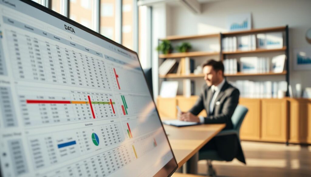 A bright and modern office space showcasing a large, structured data table displayed on a sleek computer screen. The foreground features a close-up view of a detailed spreadsheet with organized rows and columns, featuring various data points and colorful graphs highlighting trends. In the middle ground, a professional in business attire, focused and taking notes, is seated at a minimalist wooden desk, with a warm light source illuminating the scene. The background includes blurred shelves lined with books on data analysis and charts on the walls, creating a collaborative atmosphere. The overall mood is one of productivity and insight, with natural lighting enhancing the clarity and professional look of the workspace, suggesting a deep dive into data for informed decision-making.