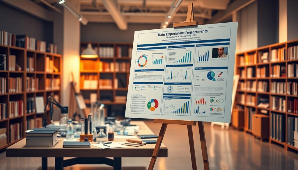 A professional research poster design template layout featuring a clean, organized structure. In the foreground, a large poster stands on an easel, showcasing graphs, data visualizations, and figures related to train experiments. The middle ground includes a workspace scattered with scientific instruments and notes, suggesting a collaborative research effort. The background presents an academic environment with bookshelves filled with scholarly texts and soft, warm lighting illuminating the scene. The atmosphere conveys a sense of innovation and professionalism, ideal for presenting research effectively. The composition is captured from a slightly elevated angle, enhancing the clarity of the poster’s details while keeping the setting focused and inviting.