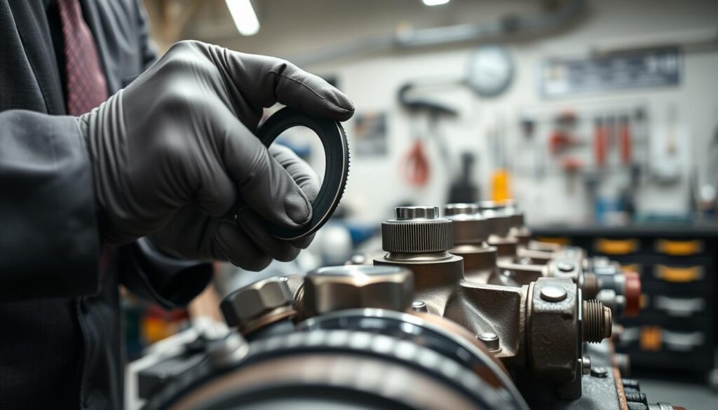 A close-up view of a technician's hands carefully installing a gasket seal on a live-steam engine fitting. The foreground focuses on the precise alignment of the gasket, highlighting the texture and materials used, such as rubber or silicone. The technician is wearing a professional business attire, showcasing safety gloves. In the middle ground, the engine's fittings and valve faces are clearly visible, displaying fine details like threads and bolt patterns. The background features a well-organized workshop with tools and equipment blurred slightly to emphasize the subject. The lighting is bright and natural, creating a clean and focused atmosphere, while the angle captures the intricacies of the installation process. A close-up view of a technician's hands carefully installing a gasket seal on a live-steam engine fitting. The foreground focuses on the precise alignment of the gasket, highlighting the texture and materials used, such as rubber or silicone. The technician is wearing a professional business attire, showcasing safety gloves. In the middle ground, the engine's fittings and valve faces are clearly visible, displaying fine details like threads and bolt patterns. The background features a well-organized workshop with tools and equipment blurred slightly to emphasize the subject. The lighting is bright and natural, creating a clean and focused atmosphere, while the angle captures the intricacies of the installation process.