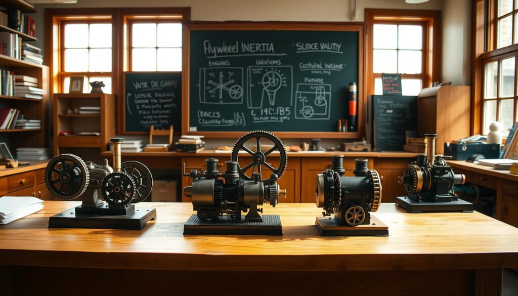 A detailed classroom scene showcasing a comparison of flywheel inertia within three types of miniature steam engines: an oscillating engine, a slide-valve engine, and a uniflow engine. In the foreground, the intricately designed models are placed on a wooden workbench, emphasizing their engineering complexity. The middle ground features a chalkboard with diagrams explaining flywheel inertia, surrounded by various tools and textbooks on mechanical engineering. In the background, sunlight streams through large windows, casting a warm glow over the laboratory environment, creating a focused and scholarly atmosphere. The image should be captured with a slightly elevated angle, highlighting the engines while ensuring clarity and vibrant colors to engage the viewer’s interest in physics and engineering concepts. A detailed classroom scene showcasing a comparison of flywheel inertia within three types of miniature steam engines: an oscillating engine, a slide-valve engine, and a uniflow engine. In the foreground, the intricately designed models are placed on a wooden workbench, emphasizing their engineering complexity. The middle ground features a chalkboard with diagrams explaining flywheel inertia, surrounded by various tools and textbooks on mechanical engineering. In the background, sunlight streams through large windows, casting a warm glow over the laboratory environment, creating a focused and scholarly atmosphere. The image should be captured with a slightly elevated angle, highlighting the engines while ensuring clarity and vibrant colors to engage the viewer’s interest in physics and engineering concepts.