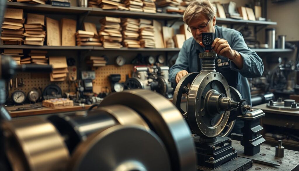 A detailed close-up of a steam engine flywheel being carefully balanced and tuned in a workshop setting. In the foreground, the flywheel is prominently displayed, showcasing its intricate mechanisms with polished metal surfaces reflecting soft light. Middle-ground elements include a technician in professional attire, intently adjusting the flywheel, using precision tools to measure balance. Tools, gauges, and partially assembled engine components clutter the workbench, adding to the scene’s authenticity. In the background, shelves lined with old engineering manuals and steam engine components create a vintage ambiance, illuminated by warm, diffused lighting. The atmosphere feels focused and industrious, conveying the meticulous nature of performance tuning in live-steam engines, highlighting expertise and craftsmanship in a historical context. A detailed close-up of a steam engine flywheel being carefully balanced and tuned in a workshop setting. In the foreground, the flywheel is prominently displayed, showcasing its intricate mechanisms with polished metal surfaces reflecting soft light. Middle-ground elements include a technician in professional attire, intently adjusting the flywheel, using precision tools to measure balance. Tools, gauges, and partially assembled engine components clutter the workbench, adding to the scene’s authenticity. In the background, shelves lined with old engineering manuals and steam engine components create a vintage ambiance, illuminated by warm, diffused lighting. The atmosphere feels focused and industrious, conveying the meticulous nature of performance tuning in live-steam engines, highlighting expertise and craftsmanship in a historical context.