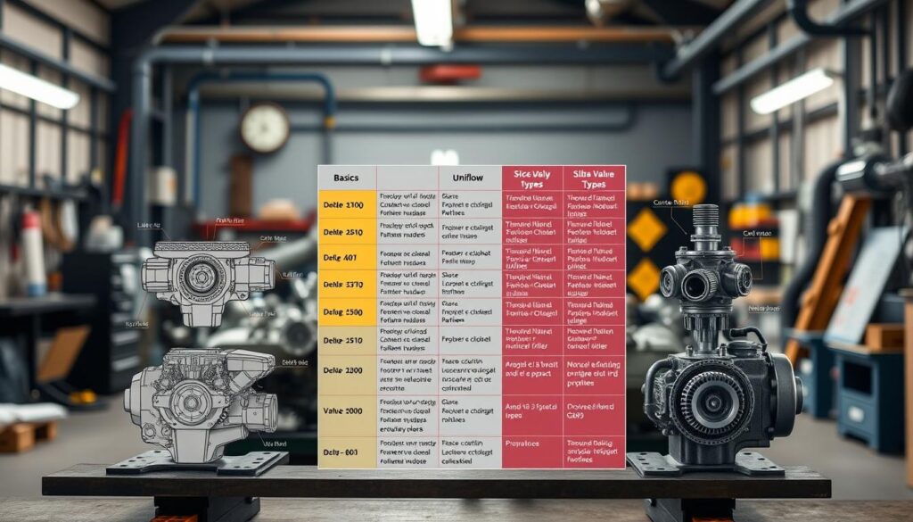 A detailed comparison table illustrating the basics of valve gear mechanisms, including oscillating, slide-valve, and uniflow types. In the foreground, three distinct engine diagrams should be clearly displayed, each labeled separately with a focus on their key features. The middle layer includes a precise arrangement of technical specifications and differences, colored boxes for easy reference, and a subtle grid design for clarity. The background features an industrial workshop environment with soft lighting to evoke a knowledgeable yet approachable atmosphere. The image should utilize a slight top-down angle to give a comprehensive view, ensuring a professional and educational mood without any text or distracting elements. A detailed comparison table illustrating the basics of valve gear mechanisms, including oscillating, slide-valve, and uniflow types. In the foreground, three distinct engine diagrams should be clearly displayed, each labeled separately with a focus on their key features. The middle layer includes a precise arrangement of technical specifications and differences, colored boxes for easy reference, and a subtle grid design for clarity. The background features an industrial workshop environment with soft lighting to evoke a knowledgeable yet approachable atmosphere. The image should utilize a slight top-down angle to give a comprehensive view, ensuring a professional and educational mood without any text or distracting elements.