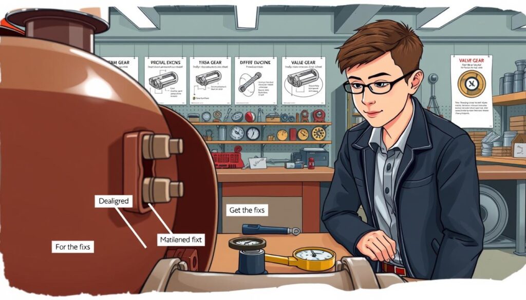 A detailed illustration capturing common steam engine mistakes and their easy fixes. In the foreground, a close-up view of a steam engine's valve gear with visible misaligned components. Include a young student in smart casual clothing inspecting the engine, showcasing a focused expression. In the middle ground, depict a workbench with tools and parts labeled for clarity, such as a wrench and gauge, alongside annotated diagrams demonstrating the fixes. The background should feature a well-lit workshop environment with shelves lined with steam engine parts and instructional posters about valve gear. The lighting is bright, highlighting the details of the machinery, creating an informative and engaging atmosphere that invites learning and exploration.
