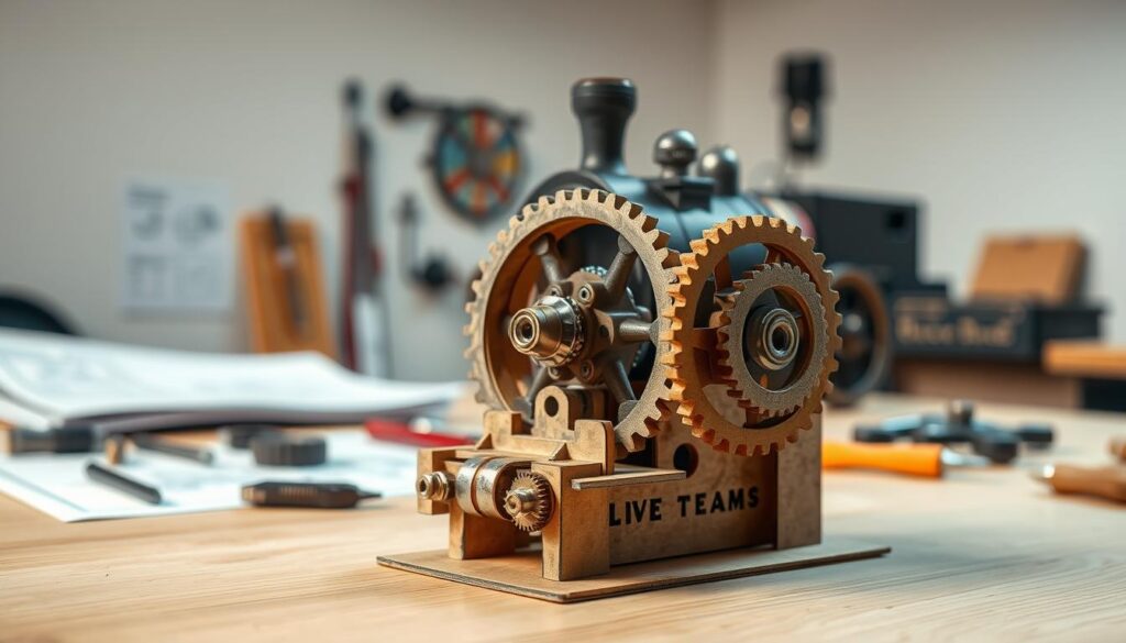 A detailed, three-dimensional cardboard model of a valve gear mechanism prominently displayed in the foreground, showcasing intricate crank motion components. The valve gear is made of layered cardboard cutouts, realistically painted in metallic hues, reflecting craftsmanship and engineering principles. In the middle ground, a clean workspace with tools and gears scattered about, demonstrating a hands-on learning environment, while a blueprint or design sketch lays nearby. The background features soft, diffused lighting to create a warm, inviting atmosphere, emphasizing the educational theme. Shot from a slightly elevated angle to capture both the model's complexities and the workspace, presenting an engaging visual that captures the essence of interactive learning in live steam mechanics. The overall mood is one of creativity and exploration, inspiring curiosity.