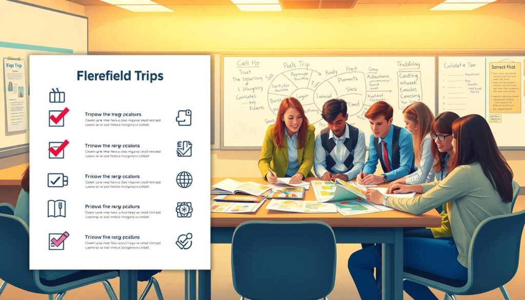 A vibrant and organized field trip planning framework visualized as a digital infographic. In the foreground, show a checklist with engaging icons representing various planning elements like transportation, budgeting, and permissions, presented in a neat layout. In the middle ground, illustrate a diverse group of students in professional casual clothing gathered around a large table, discussing and collaborating, with maps and brochures spread out before them. The background features a bright, well-lit classroom setting with motivational posters and a large whiteboard filled with brainstorming ideas. Use warm, inviting lighting to create an energetic and collaborative atmosphere. The overall mood should inspire creativity and teamwork, focusing on the excitement of planning educational outings. A vibrant and organized field trip planning framework visualized as a digital infographic. In the foreground, show a checklist with engaging icons representing various planning elements like transportation, budgeting, and permissions, presented in a neat layout. In the middle ground, illustrate a diverse group of students in professional casual clothing gathered around a large table, discussing and collaborating, with maps and brochures spread out before them. The background features a bright, well-lit classroom setting with motivational posters and a large whiteboard filled with brainstorming ideas. Use warm, inviting lighting to create an energetic and collaborative atmosphere. The overall mood should inspire creativity and teamwork, focusing on the excitement of planning educational outings.