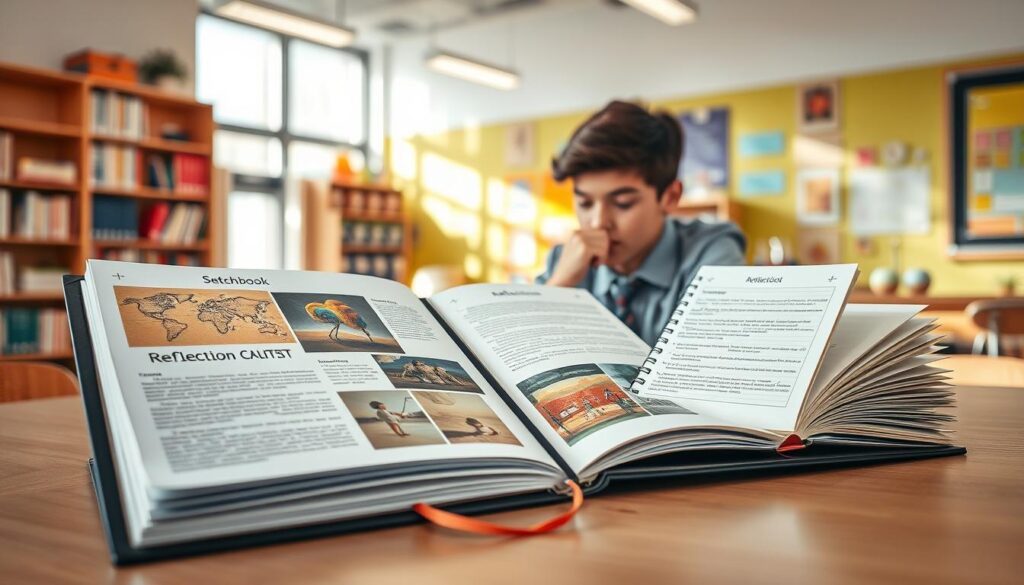 A well-organized student portfolio showcasing reflection artifacts in a vibrant, modern educational space. In the foreground, an open portfolio with neatly arranged pages displaying colorful artwork, academic essays, and photographs of projects. To the side, a series of neatly labeled reflection artifacts including a sketchbook and personal statements. In the middle ground, a student dressed in smart casual clothing, thoughtfully examining the portfolio, sitting at a sleek wooden table. The background features a bright and inviting classroom, with shelves of books and creativity-inspiring decorations. Soft natural light flows through large windows, creating a warm and motivational atmosphere. The angle captures both the student's engagement and the richness of the portfolio, emphasizing the importance of reflection in learning. A well-organized student portfolio showcasing reflection artifacts in a vibrant, modern educational space. In the foreground, an open portfolio with neatly arranged pages displaying colorful artwork, academic essays, and photographs of projects. To the side, a series of neatly labeled reflection artifacts including a sketchbook and personal statements. In the middle ground, a student dressed in smart casual clothing, thoughtfully examining the portfolio, sitting at a sleek wooden table. The background features a bright and inviting classroom, with shelves of books and creativity-inspiring decorations. Soft natural light flows through large windows, creating a warm and motivational atmosphere. The angle captures both the student's engagement and the richness of the portfolio, emphasizing the importance of reflection in learning.