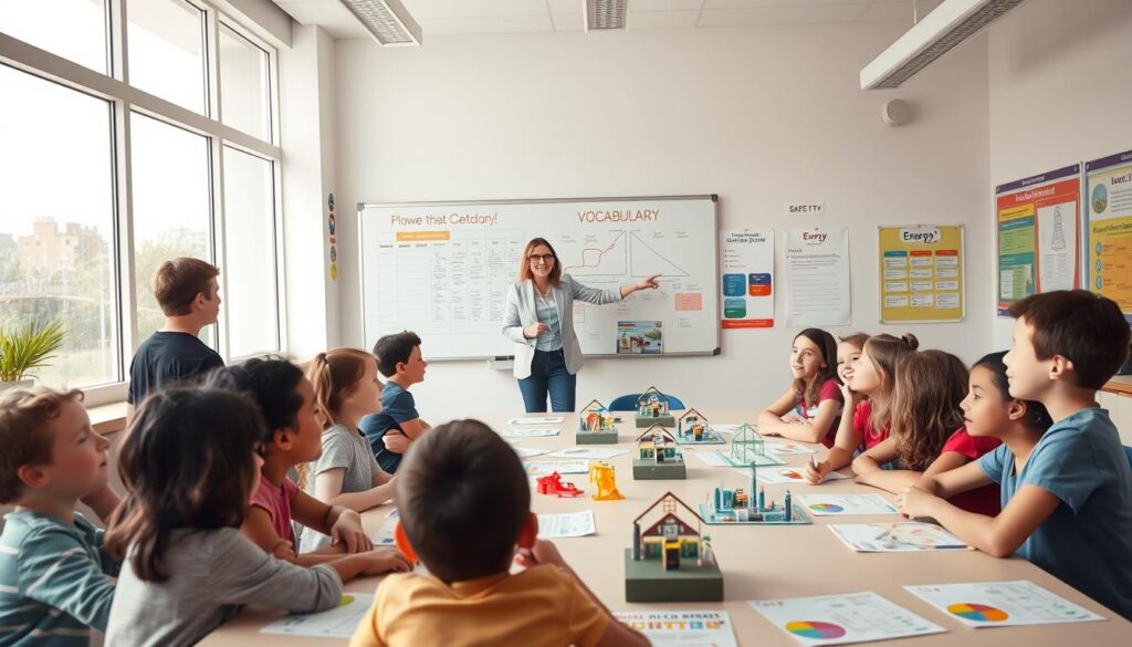 A bright and engaging classroom scene focused on planning a field trip to a power plant. In the foreground, a diverse group of children, aged 10-12, sit at a large table covered with colorful worksheets, energy models, and safety posters. They are wearing casual, modest clothing and are animatedly discussing their ideas. In the middle ground, a teacher stands by a whiteboard filled with diagrams of energy concepts and vocabulary words, pointing enthusiastically at a chart. The background features large windows letting in soft, natural light, creating an inviting atmosphere. The room is cheerful with educational posters about energy conservation and safety tips on the walls, giving a sense of preparation and excitement for the upcoming trip. The composition is well-lit and captures a sense of curiosity and learning.