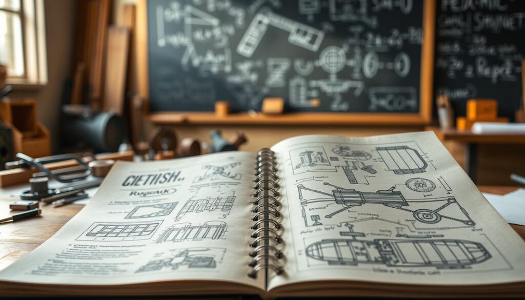 A detailed engineering notebook showcasing the design process for a mini steam car challenge, lying open on a wooden workbench. In the foreground, intricate sketches of the steam car's structure, components, and blueprints are visible, highlighted by a warm, soft light that enhances the textures of the paper. In the middle ground, various small tools and materials, like gears and pipes, are arranged neatly, emphasizing the workshop environment. The background features a blurred image of a chalkboard filled with engineering equations and diagrams, suggesting a creative and educational atmosphere. The scene is illuminated by natural light streaming through a nearby window, creating a calm and focused mood, suitable for engineering and design work. No people are present to maintain focus on the engineering process. A detailed engineering notebook showcasing the design process for a mini steam car challenge, lying open on a wooden workbench. In the foreground, intricate sketches of the steam car's structure, components, and blueprints are visible, highlighted by a warm, soft light that enhances the textures of the paper. In the middle ground, various small tools and materials, like gears and pipes, are arranged neatly, emphasizing the workshop environment. The background features a blurred image of a chalkboard filled with engineering equations and diagrams, suggesting a creative and educational atmosphere. The scene is illuminated by natural light streaming through a nearby window, creating a calm and focused mood, suitable for engineering and design work. No people are present to maintain focus on the engineering process.