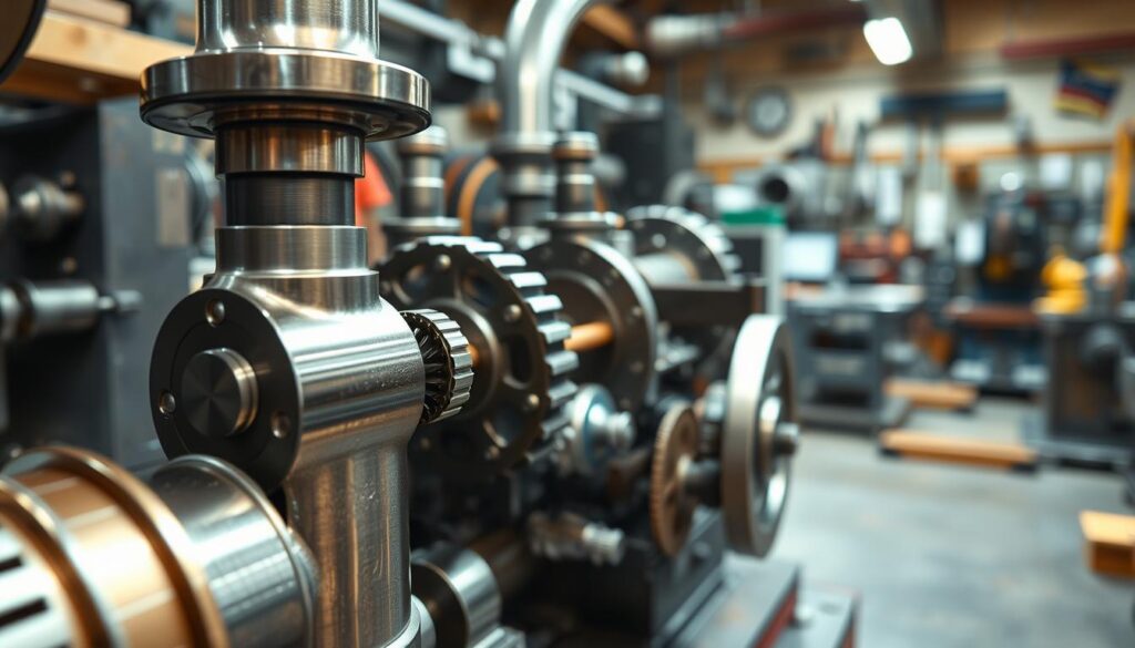 A detailed illustration of a steam engine's piston and flywheel mechanism in motion, showcasing the intricacies of station rotations. In the foreground, a close-up view of the shiny metallic piston connected to the rotating flywheel, revealing gears and linkages in motion. The middle layer features a partially disassembled engine, highlighting the educational aspects of assembly and disassembly, with clearly visible mechanical components. The background shows a blurred workshop environment, filled with tools and machinery, creating a focused yet dynamic atmosphere. Soft, diffused lighting enhances the metallic textures and emphasizes the movement of the parts. The overall mood is educational, inspiring interest in mechanical systems, with the image captured from a slightly elevated angle for a comprehensive view.