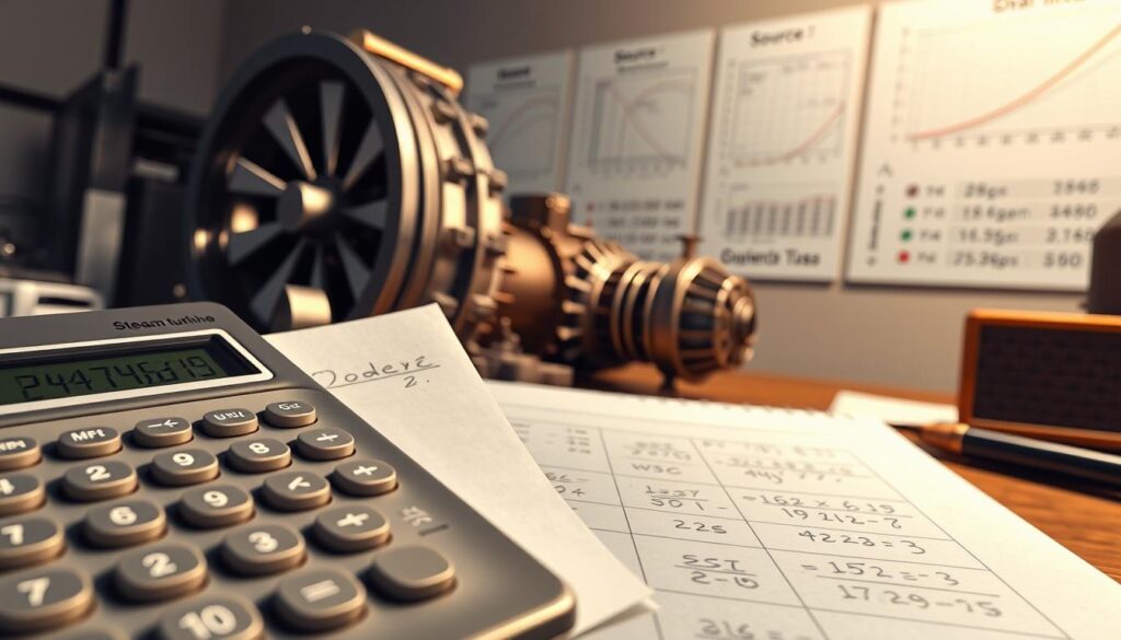 A detailed illustration of energy conversion calculations for a steam turbine, featuring a digital workspace setup. In the foreground, a calculator and notepad with meticulous calculations, including formulas for power, efficiency, and energy loss using symbols and diagrams. The middle ground contains a partially visible steam turbine model, showcasing its rotating blades. In the background, technical charts and graphs on the wall depict efficiency curves and sources of loss in clean, organized layouts. Soft, directed lighting highlights the calculator and turbine, creating a focused workspace atmosphere. The image is captured with a slight tilt to emphasize depth, evoking a sense of exploration and innovation in energy engineering. A detailed illustration of energy conversion calculations for a steam turbine, featuring a digital workspace setup. In the foreground, a calculator and notepad with meticulous calculations, including formulas for power, efficiency, and energy loss using symbols and diagrams. The middle ground contains a partially visible steam turbine model, showcasing its rotating blades. In the background, technical charts and graphs on the wall depict efficiency curves and sources of loss in clean, organized layouts. Soft, directed lighting highlights the calculator and turbine, creating a focused workspace atmosphere. The image is captured with a slight tilt to emphasize depth, evoking a sense of exploration and innovation in energy engineering.