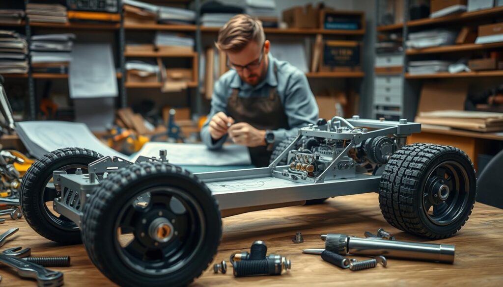 A detailed workshop scene showcasing the building of a mini steam car chassis and wheels. In the foreground, a wooden workbench is cluttered with tools like wrenches, screws, and a detailed blueprint of the chassis. The chassis itself, partially assembled, is made of lightweight aluminum with intricate joints and a polished finish. The wheels, larger than usual with rubber treads, sit nearby, emphasizing their functional design. In the middle, a focused individual in professional attire is seen measuring and adjusting parts with precision. The background features shelves lined with engineering books, diagrams, and additional parts. Soft, diffused lighting highlights the craftsmanship and creates an inviting, industrious atmosphere, inviting viewers into the world of mechanical engineering and creativity. A detailed workshop scene showcasing the building of a mini steam car chassis and wheels. In the foreground, a wooden workbench is cluttered with tools like wrenches, screws, and a detailed blueprint of the chassis. The chassis itself, partially assembled, is made of lightweight aluminum with intricate joints and a polished finish. The wheels, larger than usual with rubber treads, sit nearby, emphasizing their functional design. In the middle, a focused individual in professional attire is seen measuring and adjusting parts with precision. The background features shelves lined with engineering books, diagrams, and additional parts. Soft, diffused lighting highlights the craftsmanship and creates an inviting, industrious atmosphere, inviting viewers into the world of mechanical engineering and creativity.