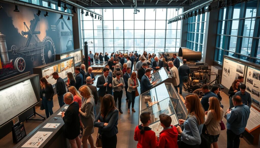 A vibrant, bustling museum space dedicated to steam power exhibits, showcasing various primary sources from the era. In the foreground, a diverse group of visitors, including adults and children, examine vintage steam engine components and detailed diagrams, all dressed in professional business attire or modest casual clothing. The middle ground features interactive displays and informational panels, illuminated by soft, warm lighting that enhances the atmosphere of discovery and learning. In the background, large windows bathe the scene in natural light, revealing a cityscape that hints at technological advancement. The overall mood is one of curiosity and engagement, capturing the essence of historical exploration in a modern context. A vibrant, bustling museum space dedicated to steam power exhibits, showcasing various primary sources from the era. In the foreground, a diverse group of visitors, including adults and children, examine vintage steam engine components and detailed diagrams, all dressed in professional business attire or modest casual clothing. The middle ground features interactive displays and informational panels, illuminated by soft, warm lighting that enhances the atmosphere of discovery and learning. In the background, large windows bathe the scene in natural light, revealing a cityscape that hints at technological advancement. The overall mood is one of curiosity and engagement, capturing the essence of historical exploration in a modern context.