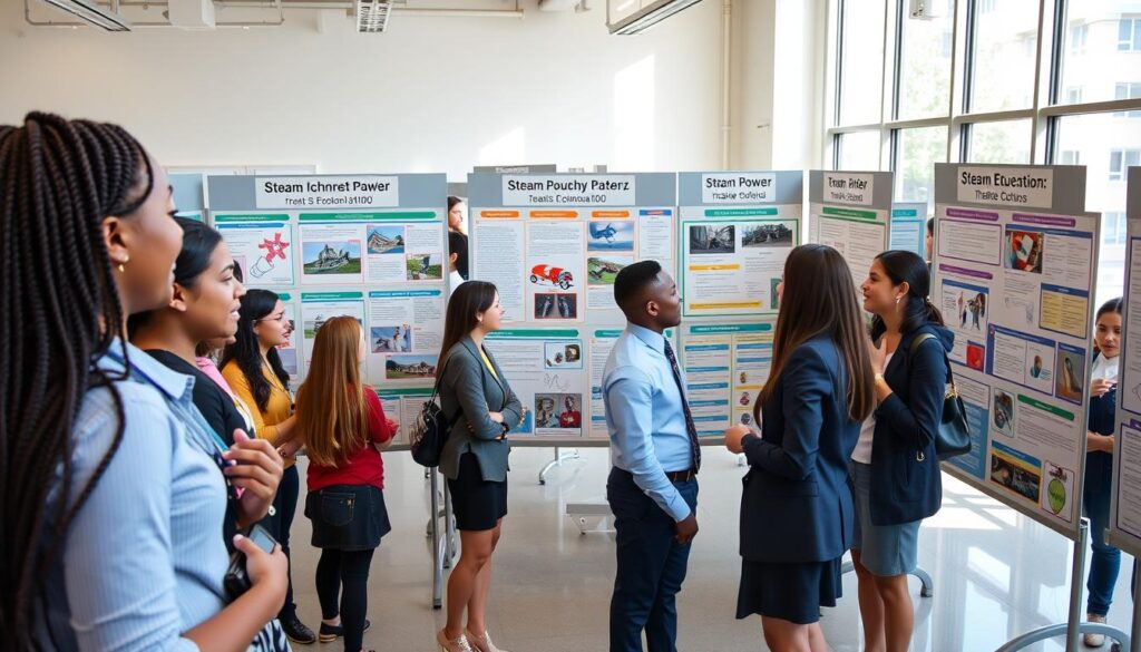 A vibrant maker education gallery walk exhibit featuring colorful student posters on steam power and engineering principles. In the foreground, diverse students in professional business attire engage with the displays, discussing their projects animatedly. The middle section showcases numerous posters, each detailing a different aspect of steam technology, intricately designed with diagrams, photographs, and student illustrations. The background consists of a bright, well-lit classroom environment with natural light streaming through large windows, highlighting the creativity and effort put into the exhibits. The atmosphere is one of collaboration and excitement, emphasizing innovation and learning. Capture this scene with a slight overhead angle to showcase the entire layout, adding a sense of engagement and inquiry among the students. A vibrant maker education gallery walk exhibit featuring colorful student posters on steam power and engineering principles. In the foreground, diverse students in professional business attire engage with the displays, discussing their projects animatedly. The middle section showcases numerous posters, each detailing a different aspect of steam technology, intricately designed with diagrams, photographs, and student illustrations. The background consists of a bright, well-lit classroom environment with natural light streaming through large windows, highlighting the creativity and effort put into the exhibits. The atmosphere is one of collaboration and excitement, emphasizing innovation and learning. Capture this scene with a slight overhead angle to showcase the entire layout, adding a sense of engagement and inquiry among the students.