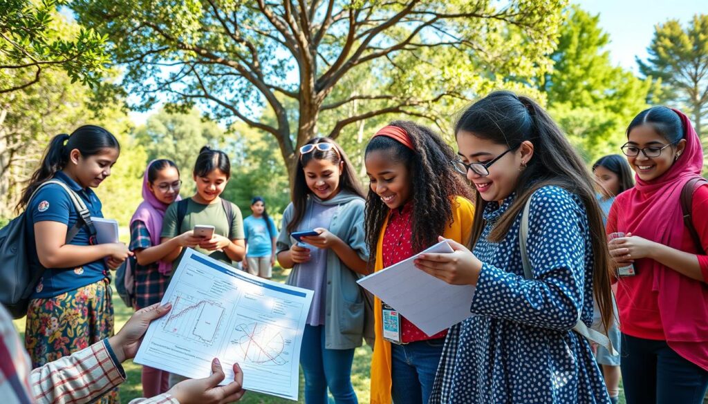 A vibrant outdoor STEM field trip scene showcasing students actively engaged in educational scavenger hunts and interactive learning activities. In the foreground, a diverse group of students, dressed in colorful, modest casual clothing, enthusiastically examines a large, visually engaging worksheet with diagrams and questions. In the middle ground, small activity stations are set up, featuring hands-on experiments with science kits and engineering challenges, surrounded by nature. The background reveals a bright blue sky and green trees, creating a lively and inviting atmosphere. Soft, natural lighting enhances the scene, capturing the excitement of learning. The angle is slightly elevated, giving a comprehensive view of the activities and the joyful expressions of the participants, embodying collaboration and exploration in education.