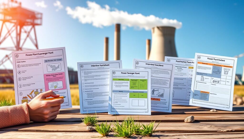 A visually engaging composition of "power plant scavenger hunt student worksheets" displayed on a wooden table outdoors, with a background of a modern power plant and blue sky. The worksheets are colorful, featuring illustrations, checklists, and interview questions, designed for students aged 10-15. In the foreground, a pair of hands, wearing modest casual clothing, can be seen holding a pencil, ready to mark off completed tasks. The middle ground emphasizes the detailed worksheets, surrounded by a few nature elements, like grass and small rocks. The background showcases the towering structures of the power plant, bathed in soft, natural daylight to convey a sense of exploration and learning. The overall mood is energetic and educational, inviting curiosity and engagement.