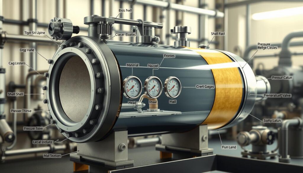 A detailed diagram of a pressure vessel with labeled components like the shell, head, nozzles, and supports. The foreground features a cross-section of the pressure vessel, illustrating the internal pressure, material thickness, and insulation. In the middle, include clear indicators for temperature and pressure gauges, showcasing safety measures like pressure relief valves. The background should depict a faint industrial environment with pipes and valves to emphasize functionality. Use bright, focused lighting to highlight the vessel's features, with a slightly angled perspective to give depth. The overall mood should be informative and professional, conveying the importance of safety and understanding in engineering contexts.