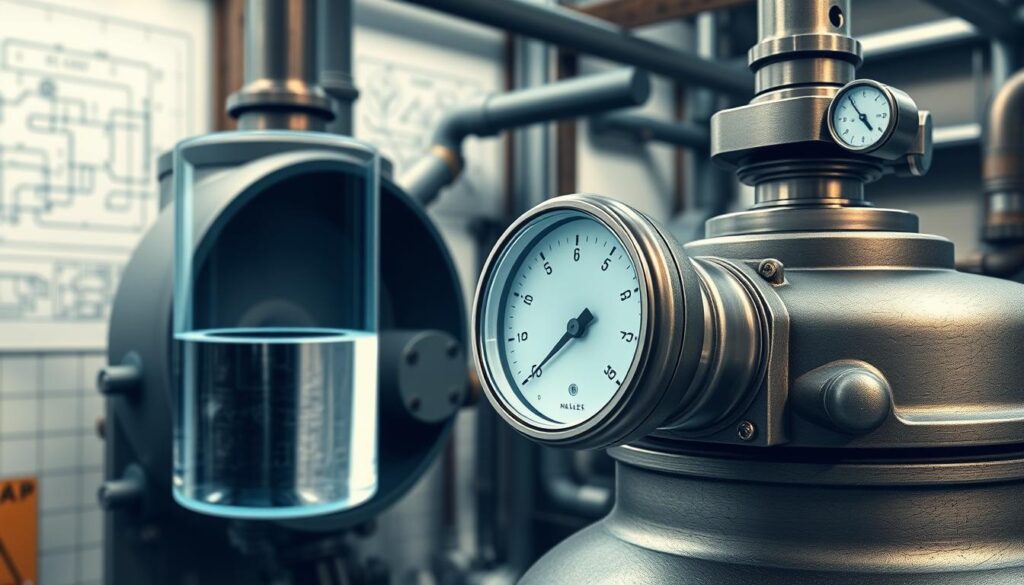 A detailed illustration of a boiler water level sight glass integrated into a pressure vessel. In the foreground, a transparent sight glass shows the water level, highlighting the clarity and precision of the gauge. Nearby, a metallic pressure vessel with valves and gauges reflects industrial design, presenting a rugged texture. In the middle ground, soft, diffused lighting enhances the technical details, casting gentle shadows that create a sense of depth. The background features pipes and tubing characteristic of a steam system, with subtle blueprints or schematics faintly visible, emphasizing engineering principles. The atmosphere is professional and educational, conveying a sense of safety and technical reliability in a workshop setting. The angle is slightly elevated, providing a comprehensive view of the setup.