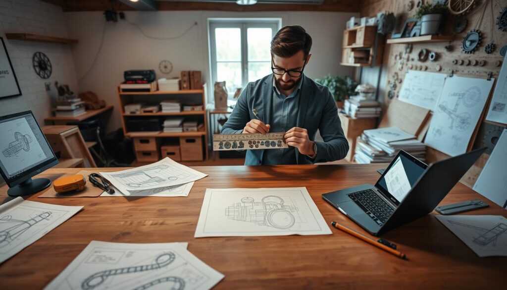 A detailed workspace showcasing a "Sketching, CAD, and Prototyping Workflow" with a focus on artistic design in steam-powered builds. In the foreground, a large wooden drafting table is cluttered with blueprints, sketchbooks filled with hand-drawn designs, and a laptop displaying CAD software. In the middle, a professional designer, dressed in smart casual attire, meticulously sketches a steampunk gadget concept with technical tools like rulers and compasses. In the background, shelves stacked with prototyping materials, gears, and sketches set the atmosphere of innovation. Soft ambient lighting enhances the warm wood tones, while a window lets in natural light, creating a creative, productive mood. The angle is slightly overhead, capturing the dynamic flow of the design process.