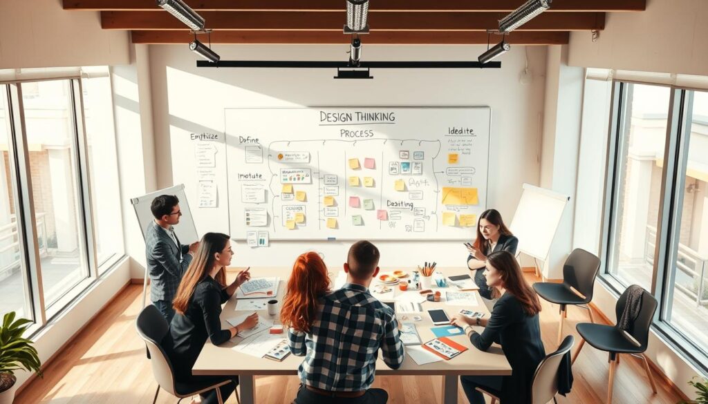 A visually engaging illustration of the design thinking process, set in a bright, modern classroom environment. In the foreground, a diverse group of students, dressed in professional business attire, is collaborating around a large table covered with sketches, prototypes, and design materials. The middle ground features a whiteboard filled with diagrams and sticky notes, showcasing stages like empathize, define, ideate, prototype, and test. In the background, soft natural light filters through large windows, illuminating the space and creating an inspiring atmosphere. The composition is shot from an overhead angle to capture the dynamic interaction among the students. The mood is collaborative and innovative, emphasizing teamwork and creativity in problem-solving.