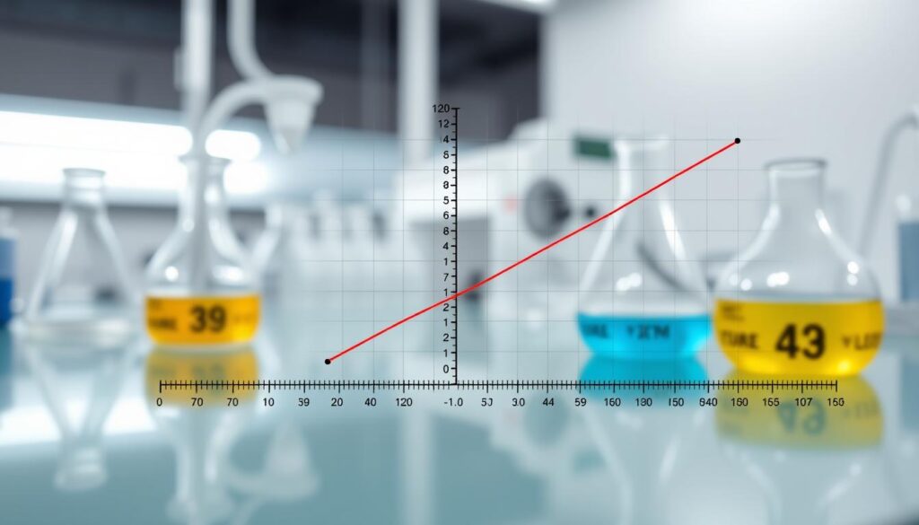A clean, professional graphical analysis image featuring a data table designed for plotting a best fit line and error bars. In the foreground, detailed error bars are clearly marked, showcasing precise values and measurements, with a fitted line smoothly integrated through a scatter plot of data points demonstrating Boyle’s Law. In the middle ground, the axes are labeled with clear numerical scales for pressure and volume, portrayed with high contrast colors for easy readability. The background displays a softly blurred laboratory setting, enhancing an academic atmosphere, complete with subtle light reflections. The illumination is bright and even, simulating a well-lit workspace, emphasizing clarity and attention to detail. Capture this scientific data visualization in a modern, clean style reminiscent of academic publications. No text or watermarks should be present.