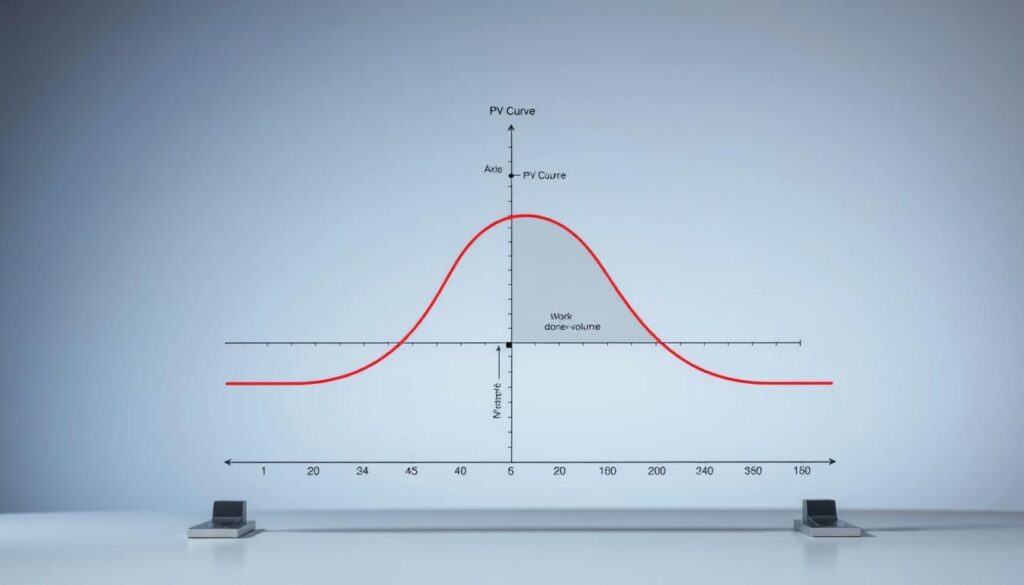 A detailed and accurate PV curve diagram illustrating the work per cycle calculation for a steam engine. In the foreground, prominently display the PV curve, showcasing the pressure-volume relationship with distinct axes clearly labeled. In the middle, include data points and shaded areas to indicate the work done per cycle, enhancing the clarity of the diagram. The background should be a subtle gradient to avoid distraction, perhaps a light blue or grey to evoke a technical atmosphere. Soft, even lighting will illuminate the diagram, giving it a polished, professional look. The angle should be slightly tilted to provide depth, making the diagram engaging while ensuring it remains informative and easy to understand.