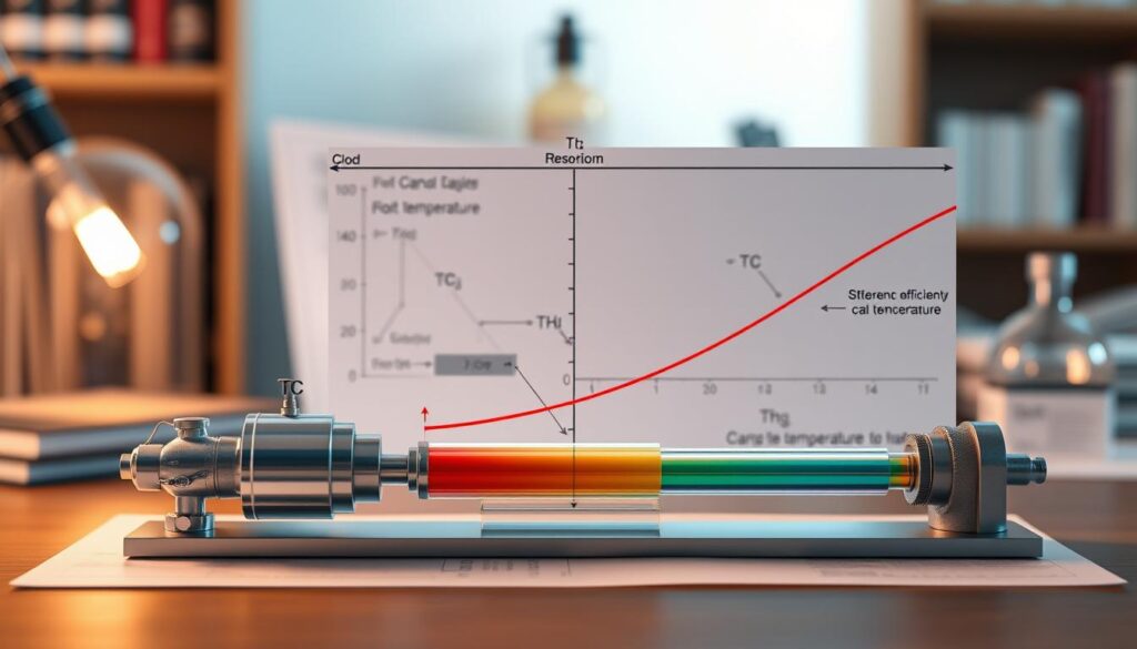 A detailed and visually engaging diagram illustrating the theoretical efficiency limits of the Carnot cycle, featuring a labeled temperature gradient showcasing Tc (cold reservoir) and Th (hot reservoir) in a clear and informative layout. In the foreground, include a stylized representation of the Carnot cycle, highlighting the intentions behind its efficiency calculations. The middle ground should contain graphs and curves illustrating efficiency as a function of temperature, with a color gradient to indicate temperature ranges. In the background, a subtle scientific atmosphere is evoked through soft lighting, simulating a study or laboratory environment. The composition should convey clarity and professionalism, suitable for an academic audience, emphasizing the pursuit of understanding thermal efficiency in thermodynamics.