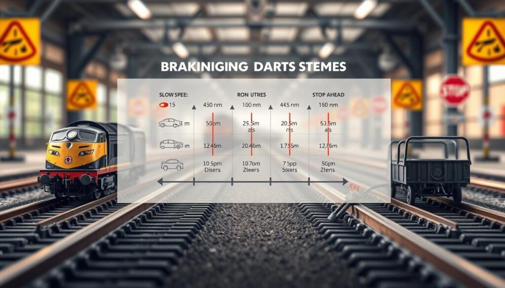A detailed illustration comparing braking distances for different modes of transportation, focusing on model trains and carts. In the foreground, display a model train and a small cart on parallel tracks, both showing visible tire marks indicating stopping distances. In the middle ground, include a large, semi-transparent overlay that features a detailed infographic showcasing various braking distances measured in meters, with arrows pointing to each mode of transportation. The background should depict a railway setting with safety signage, such as "Slow Speed" and "Stop Ahead," emphasizing the importance of safe following distances. Use soft, diffused lighting to create a clear, educational atmosphere, with a slight upward angle to emphasize the height of the infographic.
