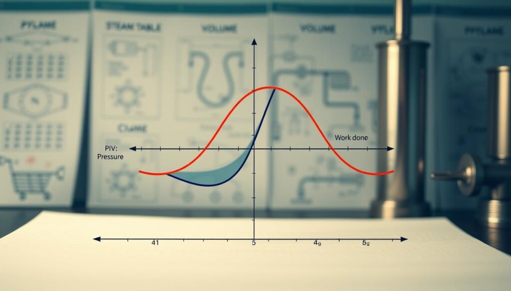A detailed illustration of a PV diagram prominently featuring distinct loop areas representing work in thermodynamic cycles. In the foreground, clearly label the pressure and volume axes, showing marked points representing various states in the cycle. The middle section includes two contrasting thermodynamic processes, one showing compression and the other expansion, with shaded areas to indicate work done. In the background, softly blurred steam tables and engineering diagrams, providing context for thermodynamics without distraction. The lighting should evoke a scientific atmosphere, with a slight glow highlighting the loop area, suggesting dynamism and energy. The overall mood is educational and professional, aimed at students. The image should be clean, devoid of any text or logos, and sharply focused, with a slight depth of field to emphasize the diagrams.