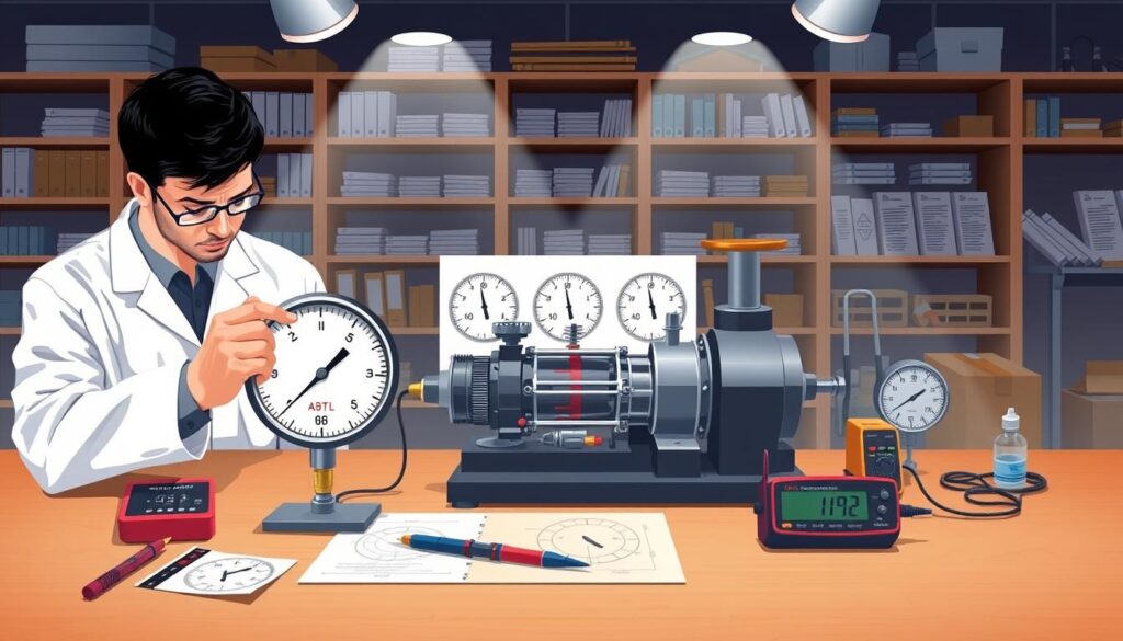 A detailed illustration of a pressure sensor calibration setup on a workbench, showcasing a high-fidelity digital display indicating precise measurements. In the foreground, a technician in a lab coat carefully adjusts a pressure gauge, surrounded by various calibration tools like a multimeter and standard weights. The middle ground features a steam engine model with clear indicator diagrams visibly laid out, outlining the work being measured. In the background, shelves filled with technical manuals and calibration equipment provide context. The scene is well-lit with soft, focused spotlights highlighting the calibration process, creating a professional and technical atmosphere. The angle is slightly above eye level, allowing for a comprehensive view of the setup without any text or overlays.