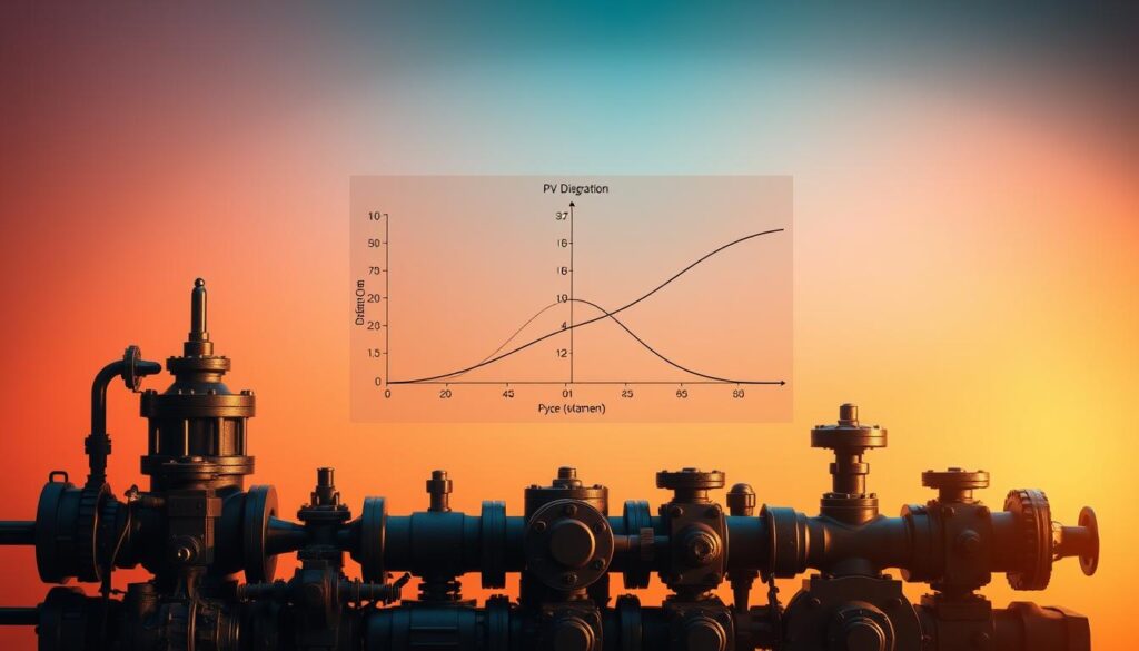 A detailed illustration of a pressure-volume (PV) diagram representing the cycle analysis in thermodynamics, showcasing a clear, labeled graph with curved lines illustrating the process. In the foreground, include a sophisticated array of mechanical components, like pistons and valves, arranged artistically around the graph, symbolizing the engineering aspect. The middle layer features a smooth gradient background transitioning from soft blues to vivid oranges, evoking a sense of scientific exploration. Use dramatic lighting to highlight the PV diagram, creating shadows that add depth. The scene is moody yet optimistic, suggesting innovation and discovery, with a slight mechanical sheen to emphasize a technical atmosphere. No text overlays or additional distractions in the image.