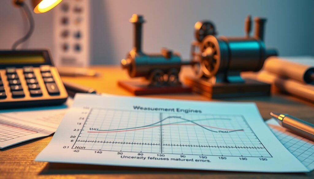 A detailed illustration showcasing an error analysis measurement uncertainty in an indicator diagram. In the foreground, a well-drawn indicator diagram with various curves representing work measurement, featuring labeled axes and uncertainty bars depicting measurement errors. In the middle ground, tools such as a calculator and graph paper subtly suggest a workspace setting. The background reveals a blurred image of a model steam engine, adding context to the subject. The lighting is warm and focused on the diagram to enhance clarity, emulating a soft studio environment. The overall atmosphere feels analytical and precise, ideal for an academic exploration of measurements and uncertainties in engineering.