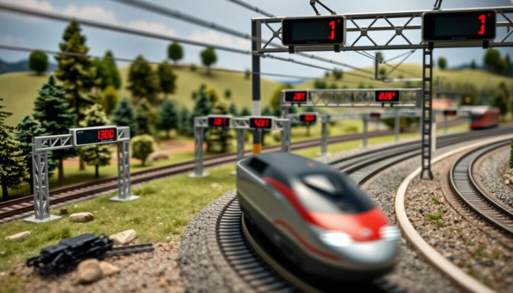 A detailed model train setup showcasing the process of measuring braking distance, prominently featuring a sleek electric model train on a curved track in the foreground. The train is mid-deceleration, with visible motion blur emphasizing its speed. In the middle ground, precision timing gates with digital displays are positioned along the track, capturing the exact distance and speed. The background features a meticulously detailed miniature landscape with trees, hills, and a small station, all under soft, natural lighting to evoke a realistic atmosphere. The camera angle is slightly elevated, focusing on the train as it approaches the braking zone, creating a sense of urgency and challenge. The mood conveys a blend of technical precision and excitement, capturing the essence of model train experimentation and measurement.