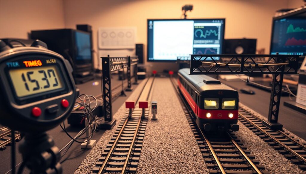 A detailed velocity measurement data collection setup for model trains, featuring a set of timing gates positioned along a miniature railway track. In the foreground, include a close-up of a digital stopwatch with illuminated display, wires leading to sensors placed strategically at markers. The middle ground showcases the model train in motion, with a clear view of the track layout, measurement markers, and sensors capturing data. In the background, depict a well-organized workspace with charts and graphs illustrating speed data on a computer screen, dimly lit to enhance focus on the setup. Use soft, warm lighting to create an inviting atmosphere. The angle should be slightly diagonally from above, offering a comprehensive view of the data collection process while maintaining clarity and professionalism.