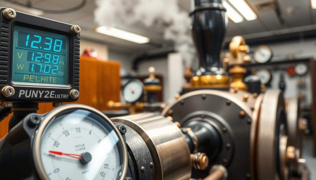 A detailed view of power measurement equipment for steam engine testing, featuring a sturdy Prony brake connected to a vintage steam engine. In the foreground, focus on a precision digital voltmeter displaying voltage readings alongside an ammeter showing current in amps. The middle ground showcases the steam engine with polished brass and steel components, belching steam, surrounded by pipes and gauges. The background features a laboratory environment with soft, diffused overhead lighting, casting a warm glow on the metal surfaces. The image is captured at a slight angle to emphasize the equipment's intricacy, providing a sense of depth. The atmosphere should feel technical and authoritative, reflecting a moment of intense measurement and analysis. No people are present in the scene, ensuring a clean and professional appearance.