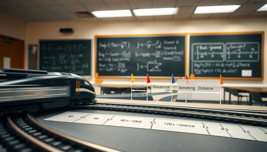 A dynamic science demonstration scene illustrating the quadratic law of motion, specifically the relationship between kinetic energy and stopping distance. In the foreground, a model train, sleek and detailed, is seen racing along a curved track, with motion blur to depict speed. In the middle ground, a marked track shows varying stopping distances, indicated by clearly labeled distance lines and colorful flags. Graphical overlays in semi-transparent style represent kinetic energy, emphasizing the quadratic relationship. In the background, a classroom setting with a chalkboard displaying relevant formulas and diagrams, illuminated by soft, overhead fluorescent lighting to create a focused but inviting atmosphere. The whole scene is captured from a slightly elevated angle, enhancing the depth and clarity of the demonstration, while maintaining a professional tone suitable for educational content.