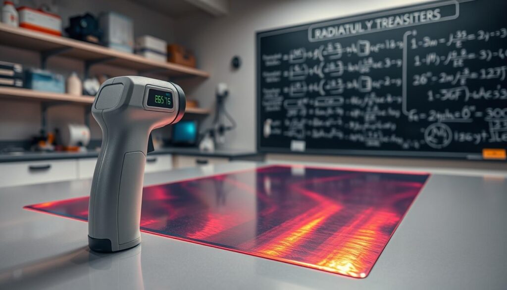A laboratory setting showcasing a radiation heat transfer demonstration, focusing on a bright, shiny emissivity foil and a matte infrared thermometer. In the foreground, the matte IR thermometer is positioned for measurement, reflecting its surface against the bright foil. In the middle ground, the foil gleams under soft, focused lighting that highlights its surface texture and temperature variations, creating a captivating contrast. In the background, shelves lined with scientific instruments and equipment provide context, while a chalkboard features detailed equations related to thermal radiation. The atmosphere is one of scientific inquiry, with a modern, sleek design evoking professionalism and curiosity. The image is captured with a wide-angle lens to encompass the entire scene, delivering clarity and focus. A laboratory setting showcasing a radiation heat transfer demonstration, focusing on a bright, shiny emissivity foil and a matte infrared thermometer. In the foreground, the matte IR thermometer is positioned for measurement, reflecting its surface against the bright foil. In the middle ground, the foil gleams under soft, focused lighting that highlights its surface texture and temperature variations, creating a captivating contrast. In the background, shelves lined with scientific instruments and equipment provide context, while a chalkboard features detailed equations related to thermal radiation. The atmosphere is one of scientific inquiry, with a modern, sleek design evoking professionalism and curiosity. The image is captured with a wide-angle lens to encompass the entire scene, delivering clarity and focus.
