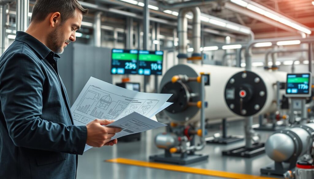 A modern industrial setting showcasing efficiency improvements through insulation upgrades and condenser temperature optimization. In the foreground, an engineer in professional attire examines detailed blueprints of a state-of-the-art insulation system. In the middle, insulated pipes and condensers are displayed, highlighting the use of advanced materials and technologies that reduce energy loss. The background features a sleek, well-lit steam plant with digital monitors showing enhanced performance metrics. Soft, natural lighting illuminates the scene, creating a clean and optimistic atmosphere, while a subtle lens blur adds depth to the image. The overall mood conveys innovation, professionalism, and commitment to energy efficiency.