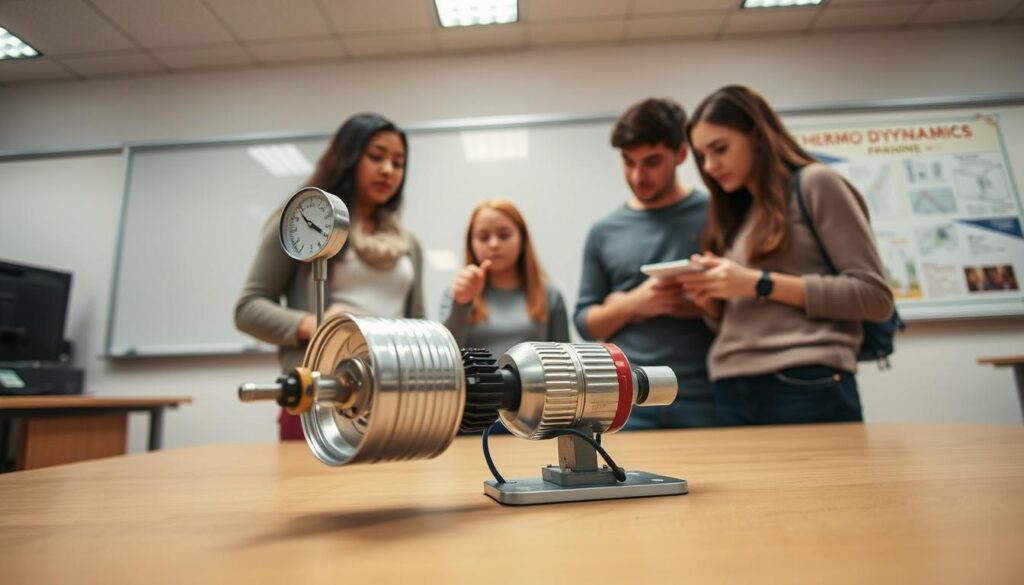 A practical thermodynamics heat engine demonstration featuring a hands-on pop can engine. In the foreground, focus on the pop can engine, detailed with visible components like the can body, a small motor, and connecting wires, all arranged on a work table. The middle ground shows a group of three students in modest casual clothing, observing the engine with curiosity, one pointing at a gauge displaying temperature while another leans in, taking notes. The background includes a classroom setting with a whiteboard and thermodynamics charts. Soft, warm lighting from overhead LEDs casts gentle highlights on the engine, creating an educational atmosphere. The camera angle is slightly elevated, capturing both the engine and the students’ engagement, emphasizing the hands-on learning experience.