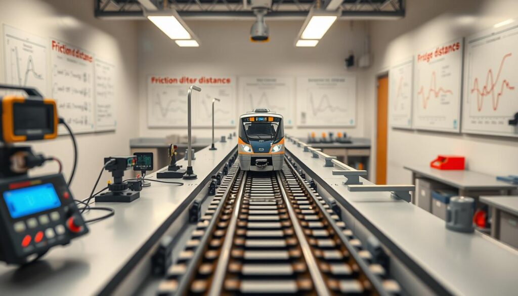 A technical and detailed experimental setup for measuring braking distances, featuring a model train on a straight, elevated track. In the foreground, include digital measuring equipment and sensors positioned at various points along the track. The middle of the image showcases the train in action, moving at different speeds, with clear markers indicating stopping distances on the track. In the background, a physics lab environment is highlighted with charts and graphs on the walls illustrating friction physics. Soft, focused lighting illuminates the setup while maintaining a clear depth of field, with a slight perspective angle capturing the dynamic motion. The atmosphere conveys a sense of precision and scientific inquiry, emphasizing the experimental nature of the test. Ensure the scene is devoid of any text or watermarks.