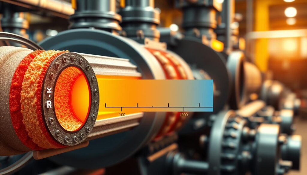 A technical illustration depicting a cross-sectional view of insulation thermal resistance in a steam engine. In the foreground, show a detailed segment of the steam engine with varying thickness of insulation lagging around the pipes, featuring bright and distinct colors to highlight heat loss areas. In the middle, represent a gradient scale illustrating the R-value measurements, with gradient colors transitioning from warm red to cooler blue, indicating different heat loss levels. In the background, softly blur the rest of the steam engine components in an industrial setting, with warm, ambient light showcasing a working environment. The overall mood should be informative and focused, with precise details enhancing the technical nature of the image, providing clarity to the insulation concepts without any text overlays or distractions. A technical illustration depicting a cross-sectional view of insulation thermal resistance in a steam engine. In the foreground, show a detailed segment of the steam engine with varying thickness of insulation lagging around the pipes, featuring bright and distinct colors to highlight heat loss areas. In the middle, represent a gradient scale illustrating the R-value measurements, with gradient colors transitioning from warm red to cooler blue, indicating different heat loss levels. In the background, softly blur the rest of the steam engine components in an industrial setting, with warm, ambient light showcasing a working environment. The overall mood should be informative and focused, with precise details enhancing the technical nature of the image, providing clarity to the insulation concepts without any text overlays or distractions.