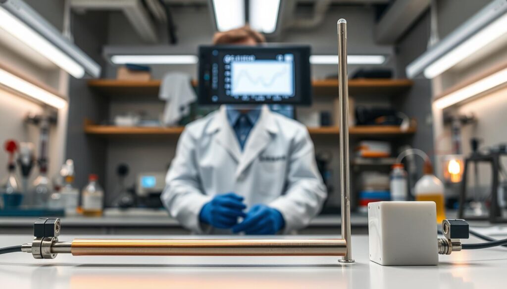 A thermal conductivity experiment illustrating heat conduction in copper, steel, and ceramic rods. The foreground features three metal rods positioned horizontally on a laboratory bench, each connected to temperature sensors and calorimeters. The copper rod glows subtly with warmth, while the steel and ceramic rods show distinctive temperature markings. Behind them, a lab technician in a white lab coat carefully monitors the data on a digital display, with graphs indicating temperature vs. time. The background is filled with scientific equipment, such as beakers and Bunsen burners, softly illuminated by overhead fluorescent lights. The atmosphere is professional, focused, and serene, emphasizing the scientific exploration of heat conduction in materials. The lens has a shallow depth of field, drawing attention to the rods and the technician. A thermal conductivity experiment illustrating heat conduction in copper, steel, and ceramic rods. The foreground features three metal rods positioned horizontally on a laboratory bench, each connected to temperature sensors and calorimeters. The copper rod glows subtly with warmth, while the steel and ceramic rods show distinctive temperature markings. Behind them, a lab technician in a white lab coat carefully monitors the data on a digital display, with graphs indicating temperature vs. time. The background is filled with scientific equipment, such as beakers and Bunsen burners, softly illuminated by overhead fluorescent lights. The atmosphere is professional, focused, and serene, emphasizing the scientific exploration of heat conduction in materials. The lens has a shallow depth of field, drawing attention to the rods and the technician.