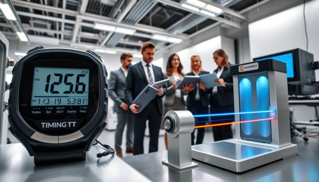 A high-tech laboratory setting showcasing a timing accuracy measurement comparison. In the foreground, a modern digital stopwatch is visible, its screen displaying precise timing metrics. Beside it, a sleek speed timing gate is set up, with a beam of light emanating to represent active measurement. In the middle background, a group of diverse professionals—men and women in smart business attire—are engaged in discussion, examining data on laptops and digital screens, emphasizing collaboration. The laboratory's sleek design features advanced measurement equipment and research materials, with a bright, well-lit atmosphere highlighting the precision of experimental design. The camera angle captures both the professionals and the technology, creating a dynamic and focused mood that reflects innovation and accuracy in scientific measurements.