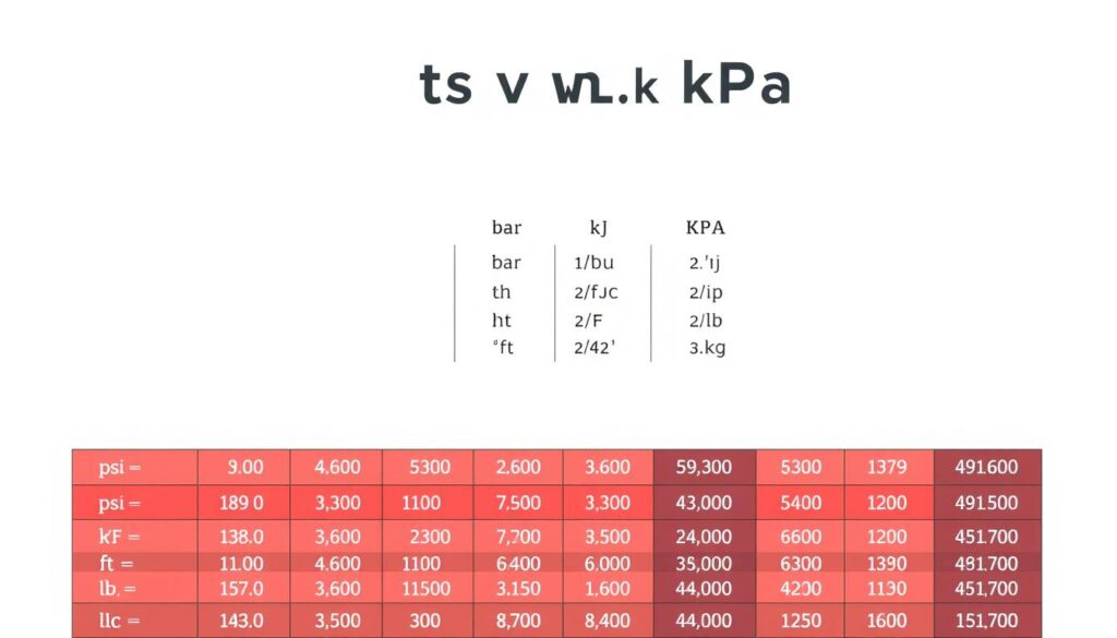 A visually appealing and informative reference chart displaying the conversion relationships between psi and kPa, designed for an academic article. In the foreground, a clear, well-structured table format highlights the psi to kPa conversions, using contrasting colors for easy readability. In the middle, additional conversion categories for bar, BTU, kJ, hp, W, °F, °C, ft, m, lb, and kg are subtly integrated, organized in a harmonious layout. The background is a soft, neutral gradient, ensuring the chart stands out without distraction. The overall mood is professional and educational, with even lighting to enhance clarity. No text or annotations are present, maintaining focus solely on the data visualization.