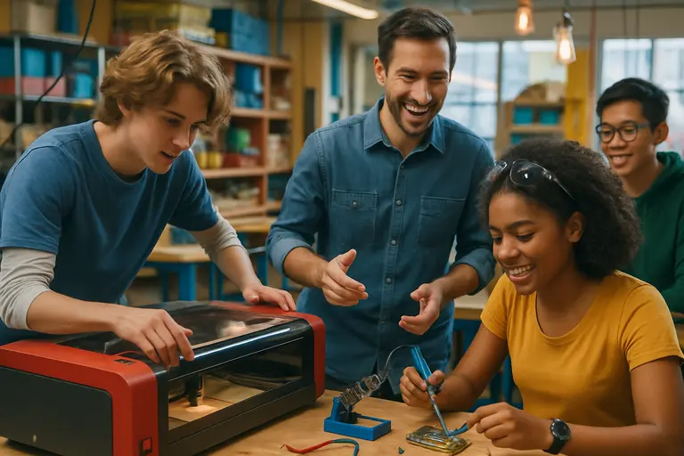 A teacher guides students through circuit parts, optical fiber, and a design worksheet